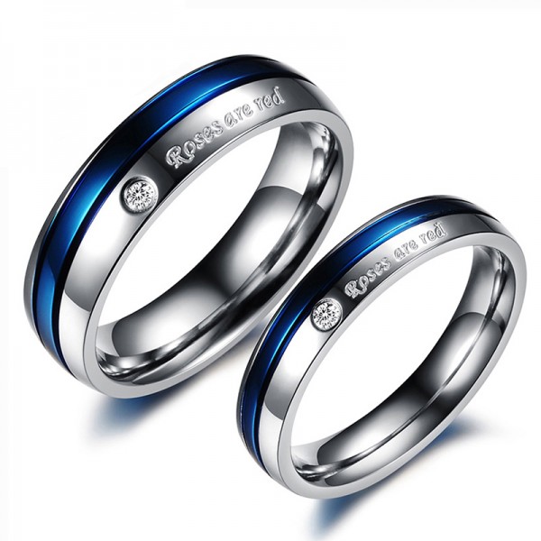 Blue Diamond Titanium Steel Couple Rings - Couple Rings
