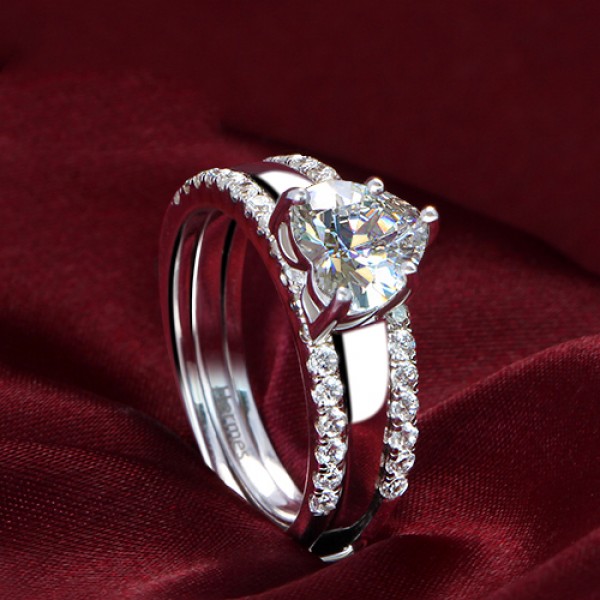 18K Gold Diamond Heart CZ Engagement Ring Set - Engagement Rings
