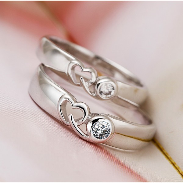 925 Silver Inlay CZ Hollow Heart-Shaped Fashion Couple Rings - Couple Rings