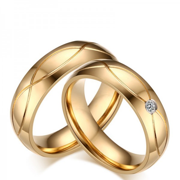 Fashion Titanium Steel Plated 18K Gold With CZ Couple Rings - Couple Rings