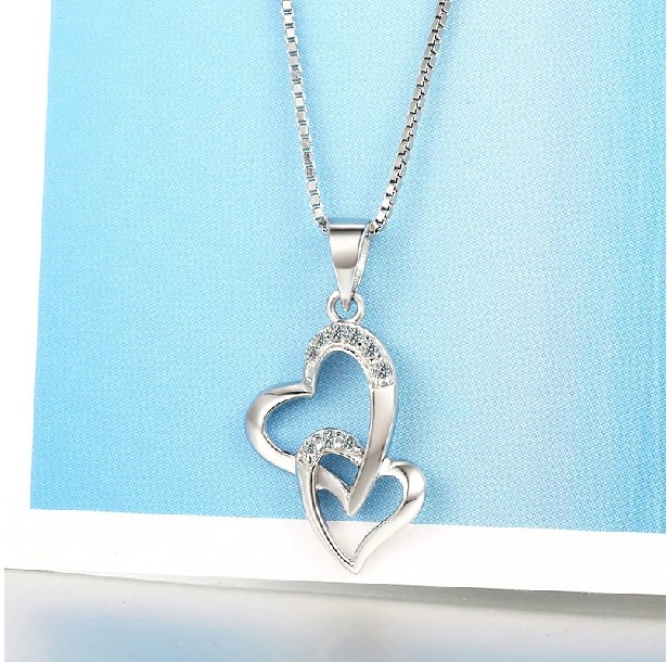 Fashion Double Heart 925 Silver Necklace