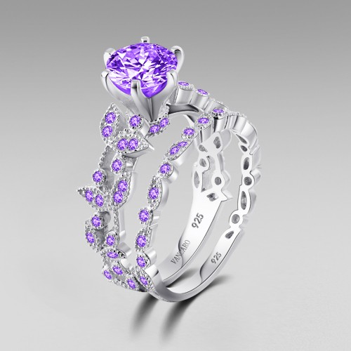 Veunora 925 Sterling Silver Created Purple Amethyst Filled Promise Engagement Ring for Women 