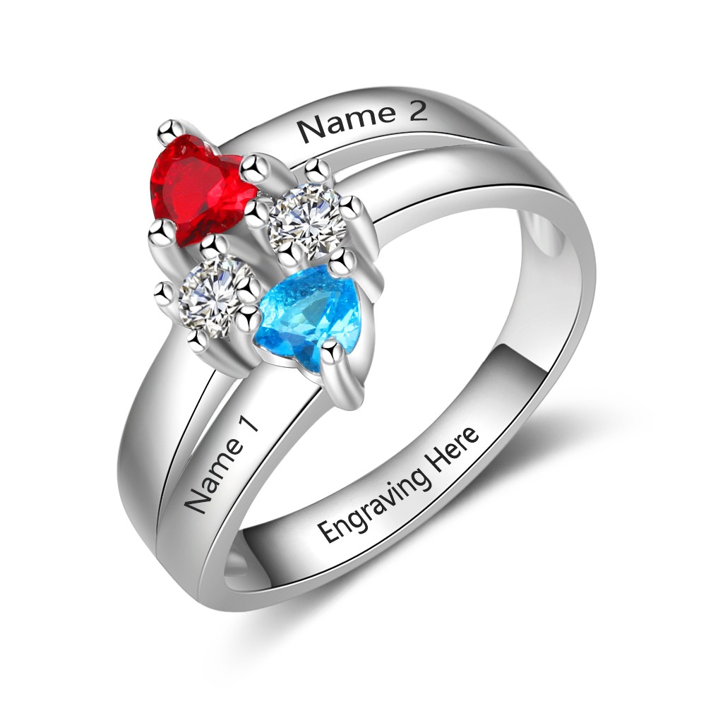 Personalized Silver mothers ring with 2 birthstones, custom name engra –  Glamcarat