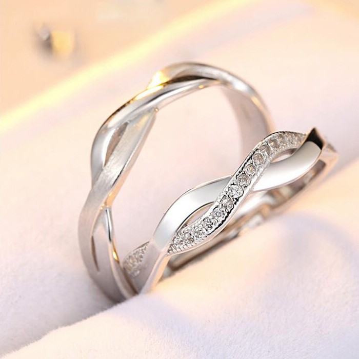 Beautiful Lines S925 Silver Inlaid Cubic Zirconia Couple Rings - Couple ...