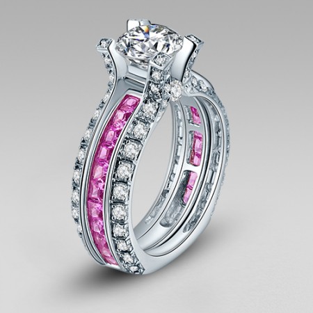 White and Pink Cubic Zirconia 925 Sterling Silver White Gold Plated Wedding Ring Set in La Cathedrale Style