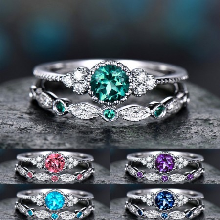 Simple And Stylish Purple Green Blue Pink Lake Blue Zircon Ring Woman Alloy Sapphire Ring Set