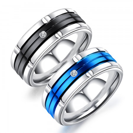 Black and Blue 8mm Men's Titanium Ring Wedding Band Cubic Zirconia CZ Sizes 7 to 11