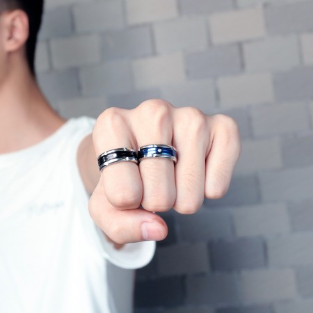 Black and Blue 8mm Men's Titanium Ring Wedding Band Cubic