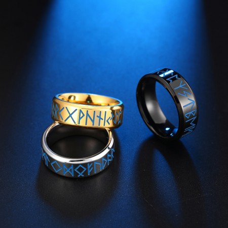 Three Colors Black Silver Gold 8mm Viking Text Totem Luminous Glow Titanium Steel Men's Ring