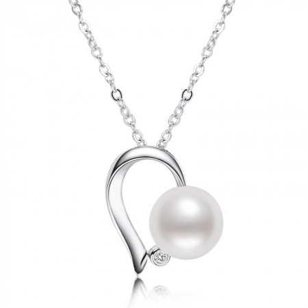 Korean Girl S925 Sterling Silver Love Diamond Pearl Necklace 7.5-8mm White Pearl Pendant