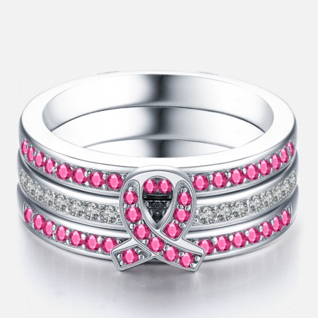 Meaningful Pink Stone Inlaid Friendship Three-Piece Sterling Silver Ring