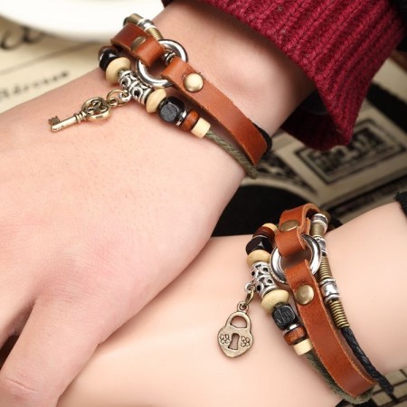 Retro Fashion Leather Belt And Beads Lovers Bracelet(Price For A Pair)