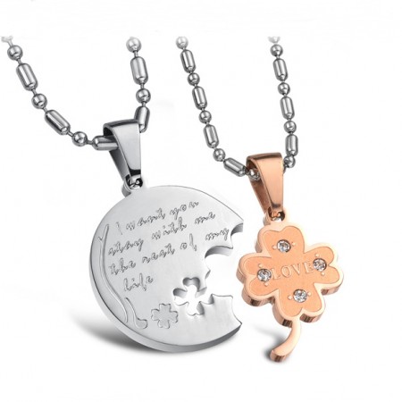 Four Leaf Clover Matching Lovers Necklaces Titanium Steel Necklace For Couples Engravable(Price For A Pair)