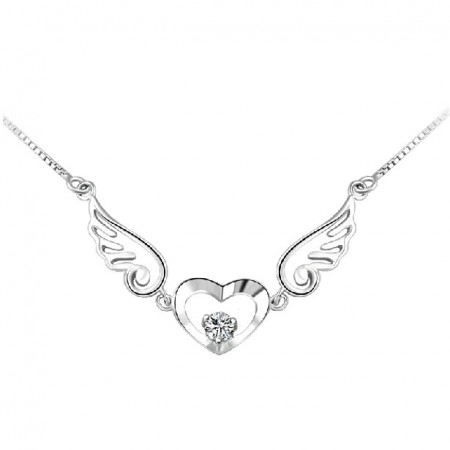 Fashionable Angel Wings With Crystal Heart Women's Sterling Silver Necklace