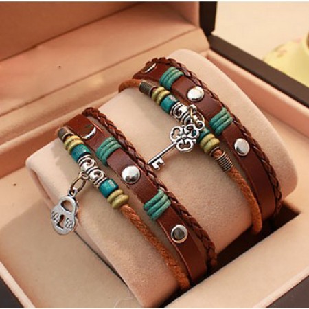 Vintage True Love Theme Leather Hand Made Lover's Bracelets (Price For a Pair)