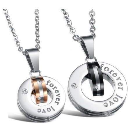 Elegant Stainless Steel With Crystal Ring Style Pendant Lover's Necklace(Price For A Pair)