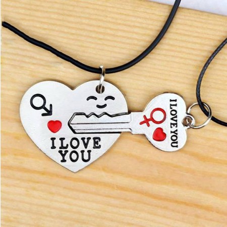 Romantic Heart And Key Silver Plated Alloy With Leather Rope Lover's Necklace(Price For A Pair)