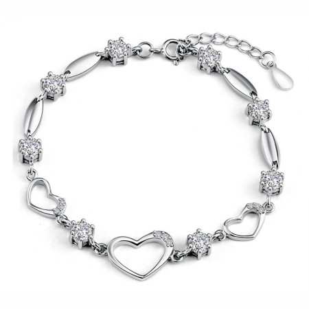 Romantic Three Hollow Hearts And Joint With Crystal Woman's Sterling Silver Bracelet