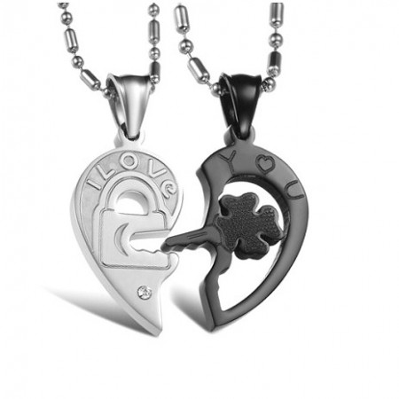 Fashion Black Four-leaf Clover Key And White Lock Lover Necklace Matching Set(Price For A Pair)