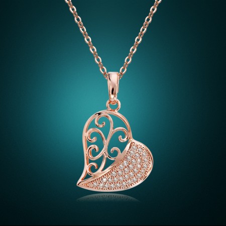 Rose Gold Alloy Half Cut Out Half Solid Heart Pendant Woman's Fashion Necklace