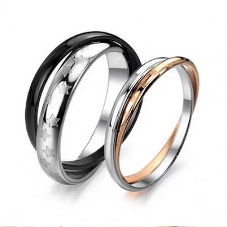 New Fashion Two In One Silver&Gold/Silver&Black Polished Titanium Lover's Rings(Price For A Pair)