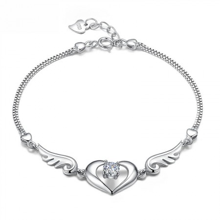 Hot Sale Cut Out Heart With Solitaire Crystal And Wings Woman's Sterling Silver Bracelet