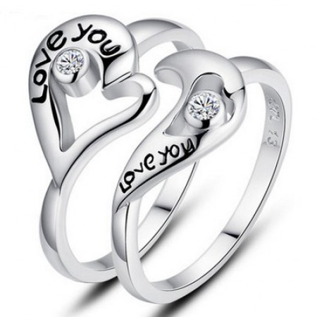 Stylish "Love You" Heart With Shining Crystal Lover's Sterling Silver Rings(Price For A Pair)