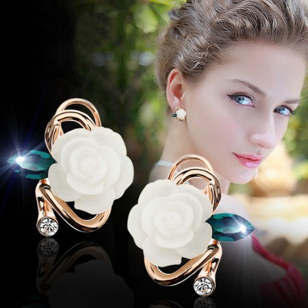 Fresh And Charming Rose With Cubic Zirconia Leaf Woman's Stud Earrings