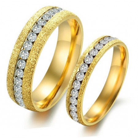 Chic Rough Surface With Crystal Belt Titanium Lover's Rings(Price For A Pair)