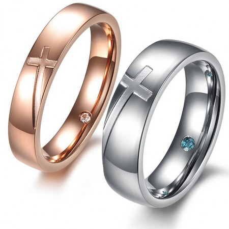 Romantic Rose Gold/Silver Cross Pattern Lover's Titanium Rings(Price For A Pair)