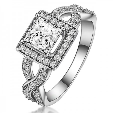 Elegant 925 Sterling Silver Princess Rhinestone Engagement Ring