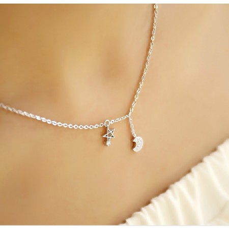 Fashion 925 Sterling Silver Moon Star Women's Necklace