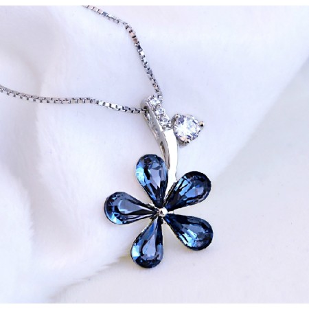 Fashion 925 Sterling Silver Blue Crystal Flowers Wild Necklace