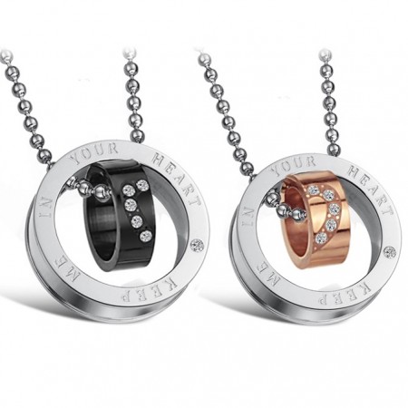 Gorgeous "Keep Me In Your Heart" Ring Pendant Lover's Titanium Necklace(Price For A Pair)