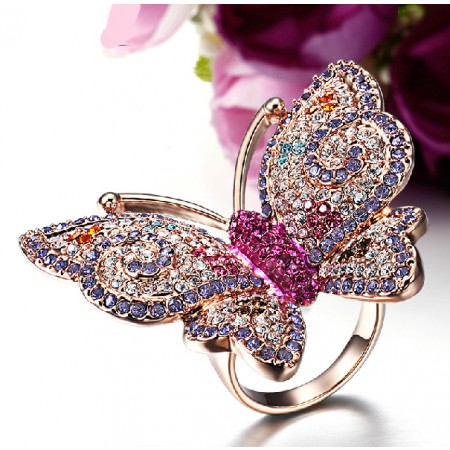 Colorful Butterfly Ring For Women Rose Gold Filled Alloy With CZ Inlaid
