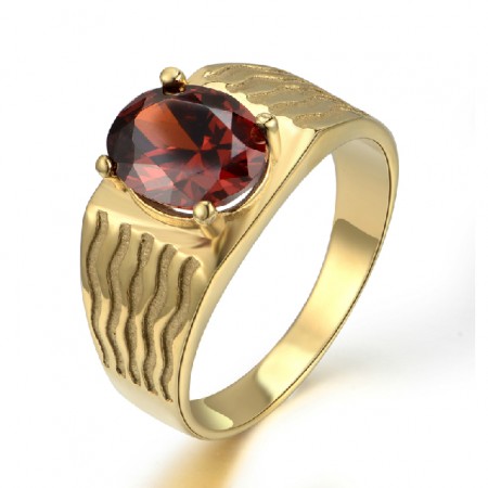 Red Gemstone Ring Made Of Titanium Steel With Gold Filled