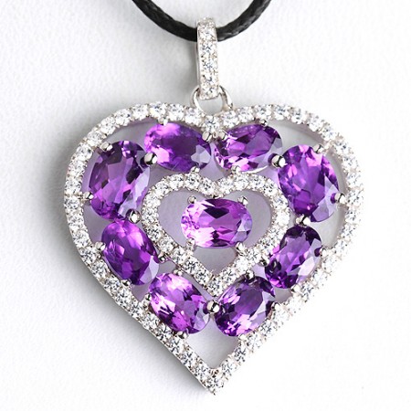 Heart Shaped Natural Purple Crystal Pendant Platinum Plated 925 Sterling Silver Necklace