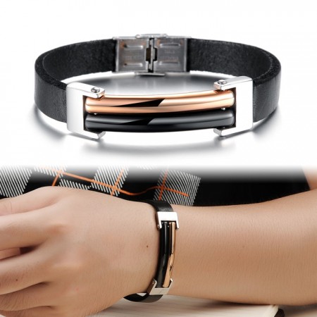 Men's Geniune Leather Bracelet With Stainless Steel