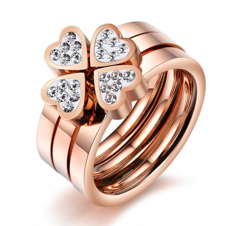 Heart Four Leaf Clover Rose Gold Plated Titanium Steel Three-in-one Ring Set
