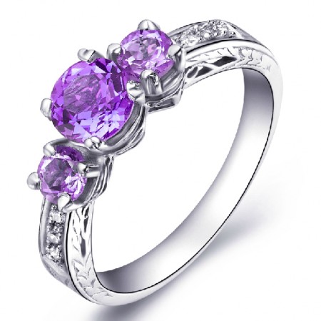 Three Natural Amethyst 925 Sterling Silver Ring For Women