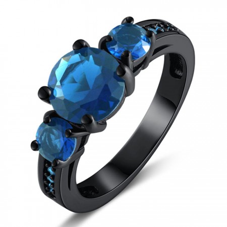 Women's Round Cut Blue Sapphire Black Gold Plated Engagement / Wedding Ring