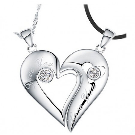 Creative "Love You" Heart's Kiss With Crystal 925 Sterling Silver Lovers Necklaces (Price For a Pair)