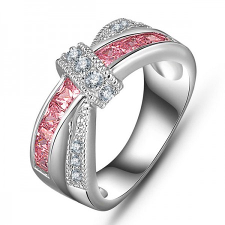 Amazing Lady's Platinum Plated Engagement / Wedding Band Promise Ring With Pink Sapphire