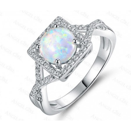 Pretty Round Opal & Cz Sterling Silver Ring