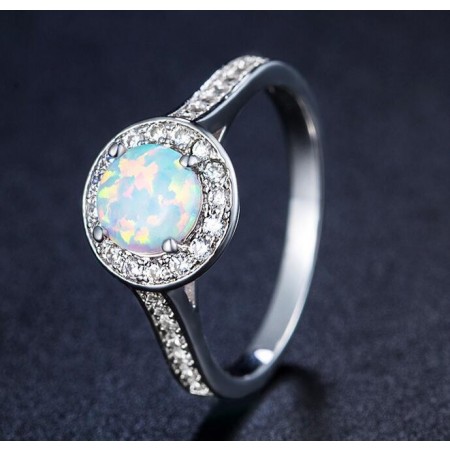 Unique Round Opal & Cz Sterling Silver Ring