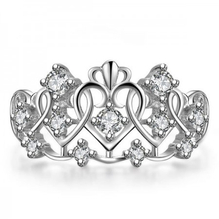Romantic Hear-shaped Crown Round CZ Inlaid Hollow 925 Sterling Silver Women's Ring