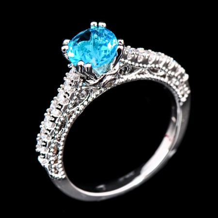 Chic Blue Round CZ Inlaid Platinum Plating Engagement Ring For Women