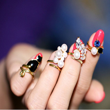 Charming Copper Gold-plated Pearl Four Pieces Nail Ring Set For Women