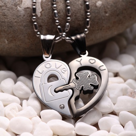 Couple Heart Lock Bangle Key Necklace, Lock Key Pendant - LUXYIN
