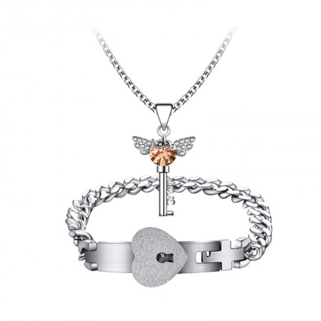 Luxtrada Heart Love Lock Bracelet with Lock Key Pendant Titanium Steel  Bangle Couple Sets (Silver) 